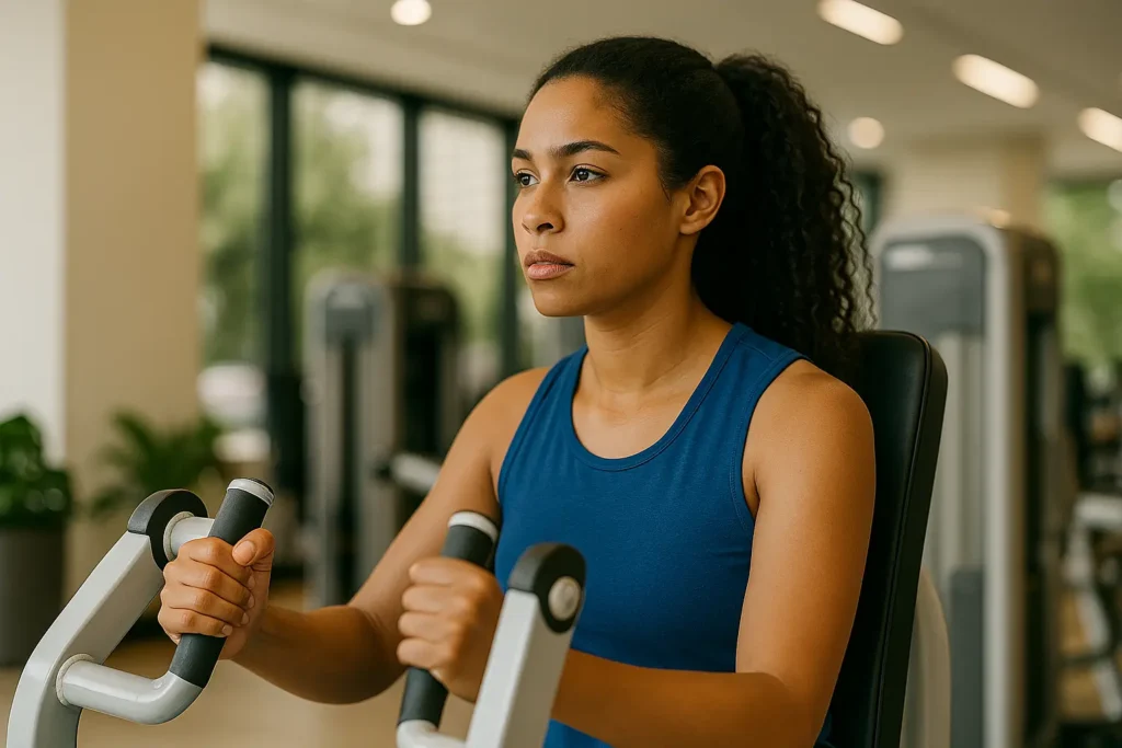 Uma jovem em uma academia utiliza um equipamento de musculação para exercícios de braço. Ela veste camiseta sem mangas azul e mantém expressão séria e concentrada. Ao fundo, grandes janelas permitem a entrada de luz natural e revelam árvores do lado de fora, enquanto outros aparelhos de treino completam o ambiente.