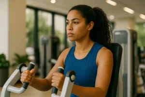 Uma jovem em uma academia utiliza um equipamento de musculação para exercícios de braço. Ela veste camiseta sem mangas azul e mantém expressão séria e concentrada. Ao fundo, grandes janelas permitem a entrada de luz natural e revelam árvores do lado de fora, enquanto outros aparelhos de treino completam o ambiente.